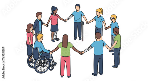 Inclusive Community Circle: Diverse Group of People with Disabilities Holding Hands, Symbolizing Unity, Support, and Equality