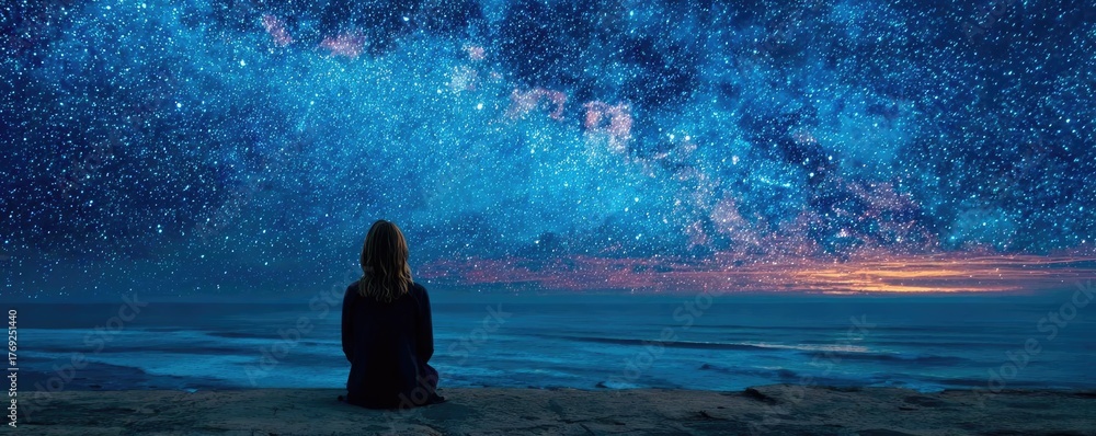 Obraz premium Woman dreaming of cosmos filled with stars concept. A person gazes at a starry night sky above the ocean.
