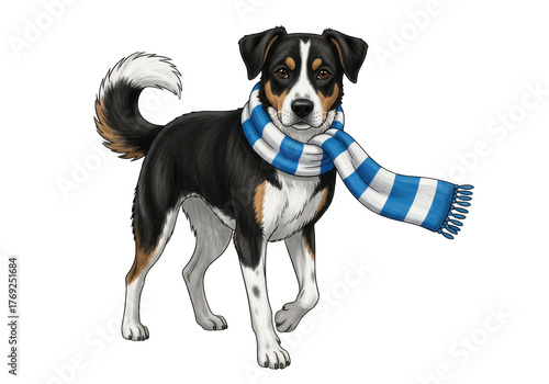 Appenzeller sennenhund wearing a blue and white striped scarf isolated on transparent background