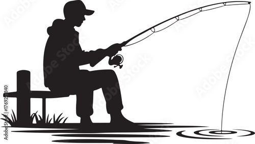 Black silhouette of a person wearing a baseball cap sitting on a wooden bench fishing with a rod and reel on white background