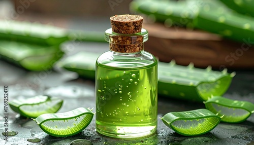 A glass bottle filled with aloe vera liquid extract sits beside aloe vera leaves, showcasing natural hair treatment.