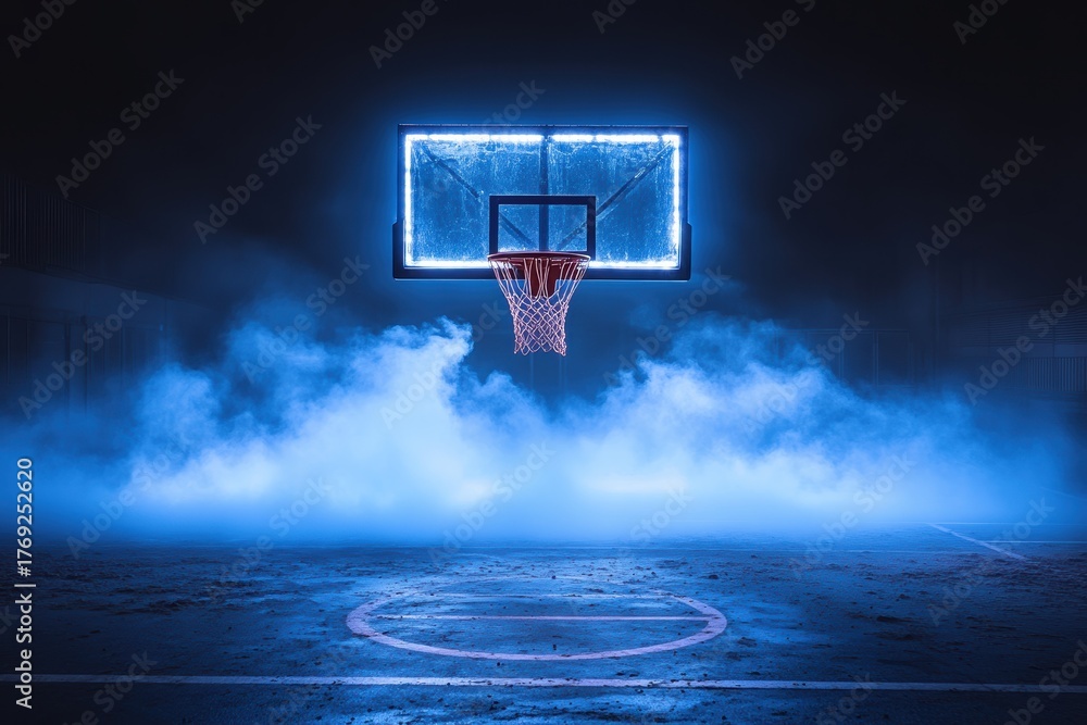 Fototapeta premium Illuminated basketball hoop surrounded by blue fog in a dramatic setting at night