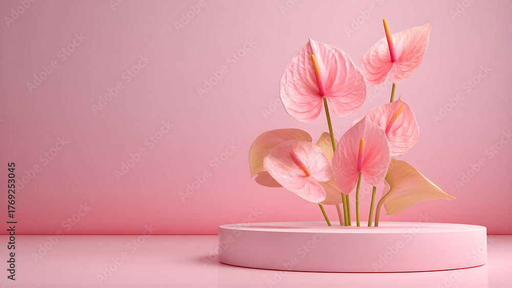 Fototapeta premium Podium product stand, Cosmetic display stand with anthurium flower on pink background. 3D rendering