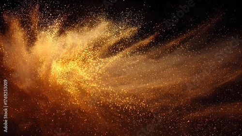 Shimmering golden dust and glitter swirling across a dark background, like a luminous amber cloud of tiny specks. Concept Golden Dust, Glitter, Amber Glow, Dark Background, Abstract Sparkles