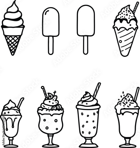 A collection of hand drawn ice cream cones and ice cream sundaes in black and white line art style