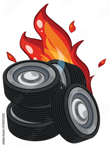 Stack of Car Tires Burning with Flames Illustration