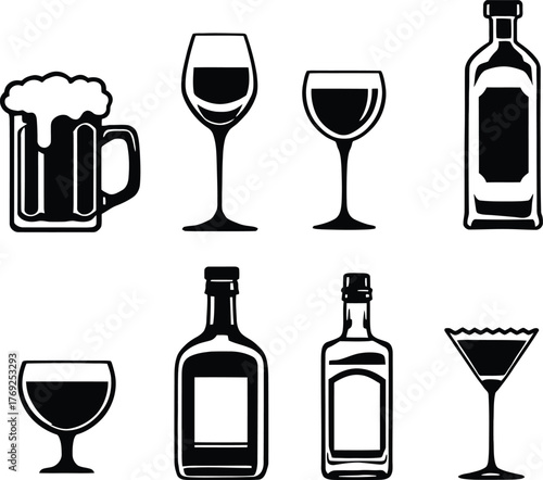 A collection of various alcoholic beverages including beer wine and liquor in a simple black and white style