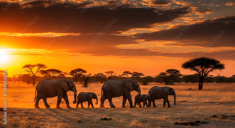 Fototapeta Elephant Family Silhouette at Sunset African Wildlife Walking Togetherness