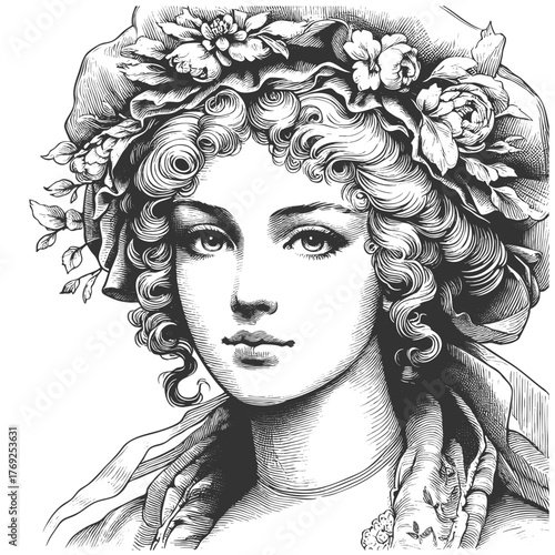 regal woman with curly hair, floral adornments, and pearls, evoking classical beauty and nobility sketch engraving generative ai fictional character vector illustration. Scratch board. Black and white