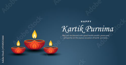 Happy Kartik Purnima – Glowing Diyas on Blue Background