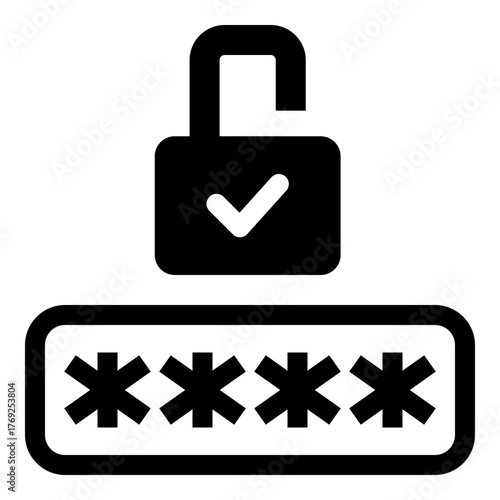 Access granted icon, showing an unlocked padlock with password. Symbolizes login success, authentication, and account access.