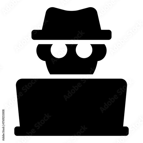 Hacker icon, depicting a person with a hat and laptop. Represents hacking, cybersecurity threats, and anonymous online activity.