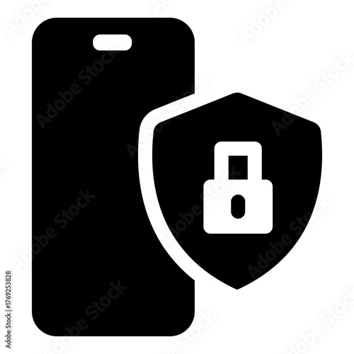 Mobile security icon, showing a smartphone with a shield and padlock. Represents device protection, app security, and protection against spam calls and phone threats.