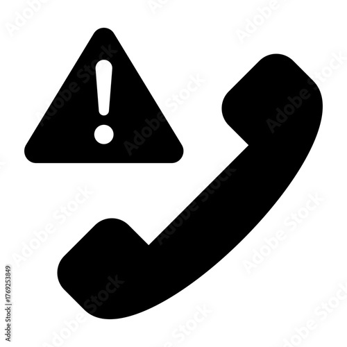 Spam call icon, depicting a phone receiver with a warning sign. Represents scam calls, telemarketing alerts, and unwanted calls.