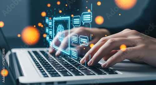 Close up of hands typing on a laptop with emerging ai brain and conversation bubble icons.