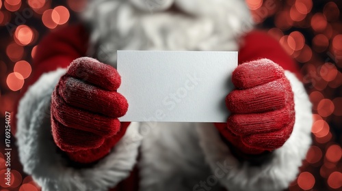 Santa Claus in red mittens holding blank white card towards camera, close up, place for text