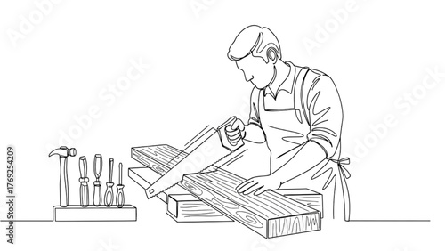 Carpenter Line Art — Worker Sawing Wood with Tools on Desk and Textured Grain Detail, Minimal Continuous Vector Illustration