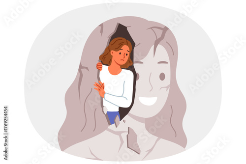 Woman with psychological problems looks out of own destroyed image and needs psychotherapy session. Sad girl suffers from psychological disorder and apathy due to lack of motivation