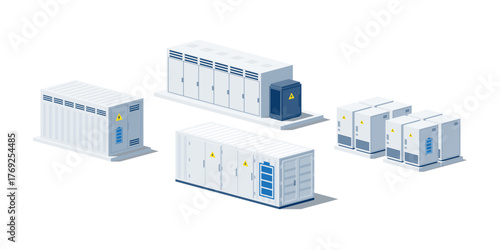 Different types of battery energy storage power containers for renewable energy. Industry utility scale system for electricity distribution transmission grid. Isolated vector illustration on white. 