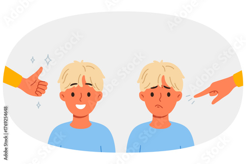 Different approaches to raising child, and use of praise or blame in form of gestures. Process of raising boy who loves positive attitude and gets upset because of reproaches that violate child psyche