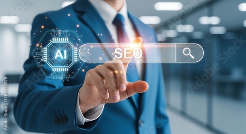 Businessman interacting with an ai powered search bar interface for digital marketing and online business growth