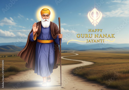 Happy Guru Nanak Jayanti Greeting with Guru Nanak Dev Ji and Golden Khanda Symbol