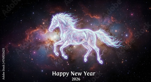 A plasma horse gallops across the galaxy, wishing you a happy new year 2026
