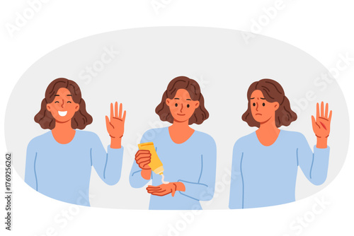 Women use hand cream to get rid of cracks in skin or to heal wound on palm. Hand cream helps skincare of young woman smiling after recovery, without going to doctor or going to clinic