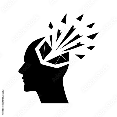 Silhouette of a head with geometric shapes exploding from the brain representing mental breakdown or creativity