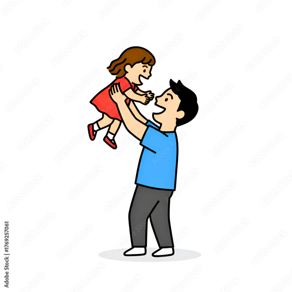 Fototapeta premium Happy father lifting daughter up in air cartoon illustration