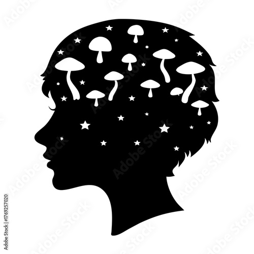 Silhouette of a head filled with mushrooms and stars in a black and white vector illustration