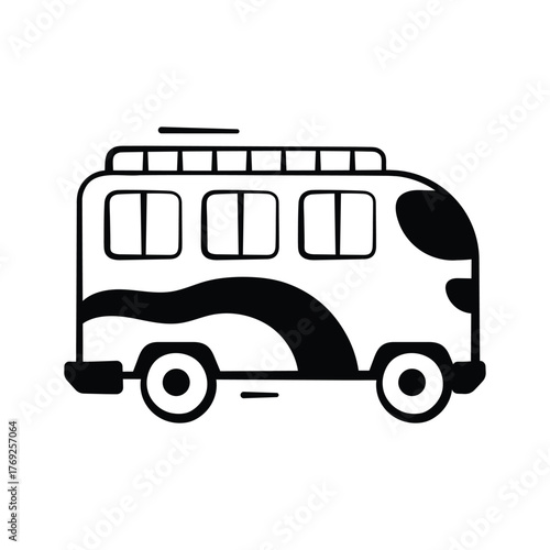 Coach bus icon in doodle style, long distance travel, tourism, and passenger transport.