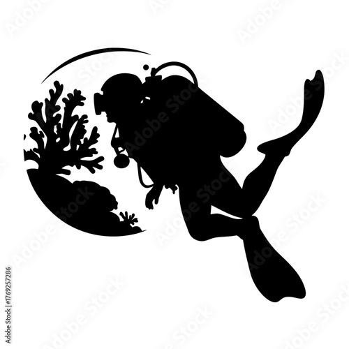 Silhouette of scuba diver exploring coral reef within a circular frame diving in the ocean water scene