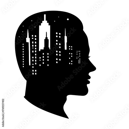 Silhouette of a man's head filled with a cityscape at night with stars and a moon visible in the sky
