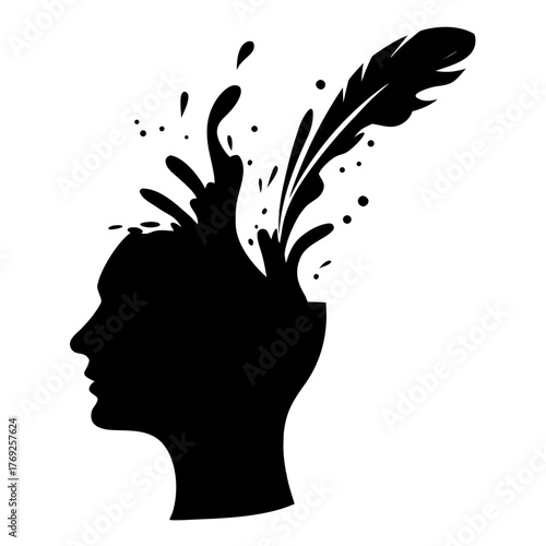 Silhouette of a head with ink splashes and a feather emerging, symbolizing creativity and imagination