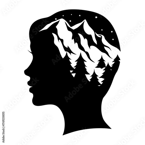 Silhouette of a woman's head filled with mountains, trees, and stars in a black and white illustration