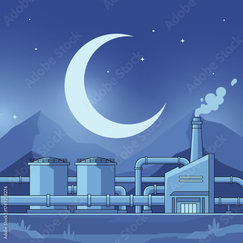 Flat vector illustration of industrial factory with tanks and pipes under moonlight and stars concept for energy production, night industry, and technology background