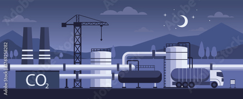 Flat vector illustration of CO2 industrial plant with tanks, pipes, and truck at night under moonlight concept for carbon storage, factory process, and energy industry