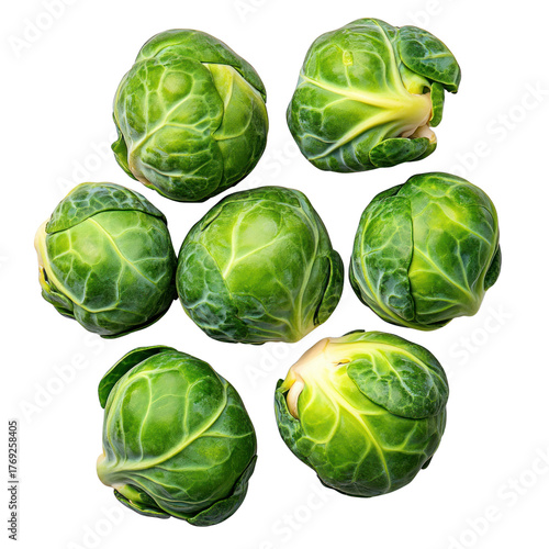 Fresh Green Brussels Sprouts Arranged In A Circular Pattern isolated on transparent background. PNG die-cut for advertising
