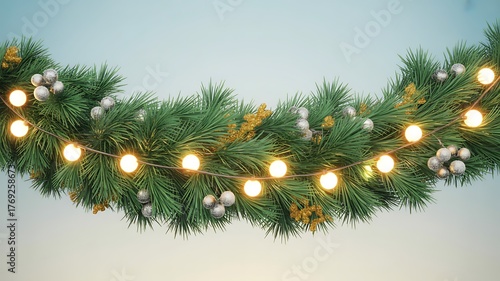 Christmas garland with lights silver ornaments and pine needles decoration