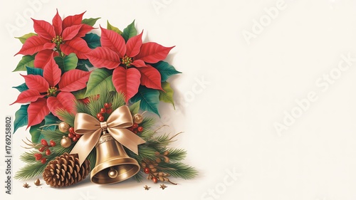Festive Christmas poinsettia arrangement with bell and pine cone