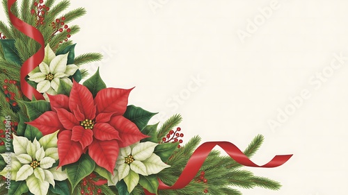 Festive Christmas Poinsettia Corner Arrangement with Red Ribbon and Greenery