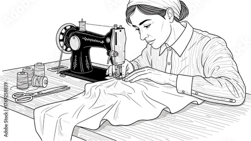 Tailor Line Art — Seamstress Using Sewing Machine with Fabric, Scissors, and Thread Spools, Minimal Vector Illustration