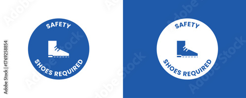 Safety Shoes Required Sign Set – Blue Mandatory PPE Footwear Symbol with Protective Work Boot Icon, Industrial Workplace Safety Signage, Construction Site Safety Vector Illustration.