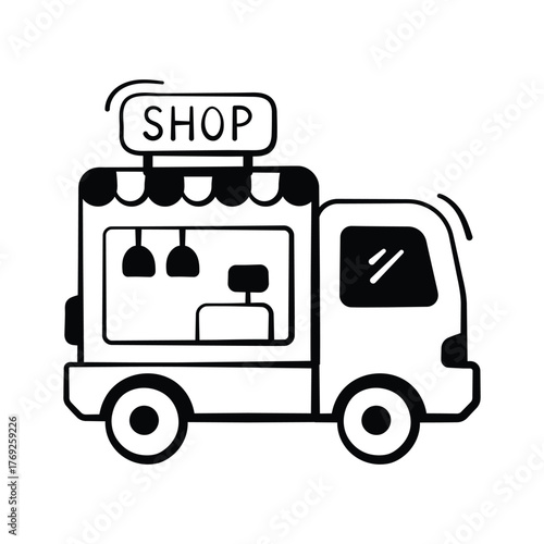 Food truck icon in hand drawn style, representing street food, mobile cafe,
