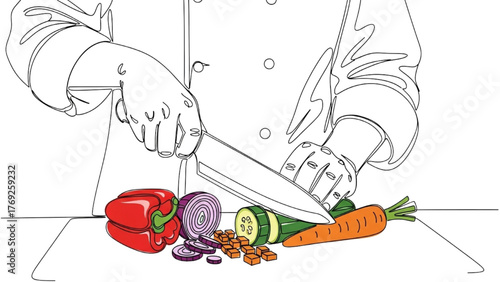 Chef Line Art — Cook Chopping Colorful Vegetables in Dynamic Cooking Posture, Minimal Continuous Vector Illustration