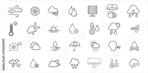 Temperature Weather forecast outline icon set. Clouds Thermometer, heat, cold, 
climate, sunny day, moon, snowflakes, wind, line icons Vector illustration