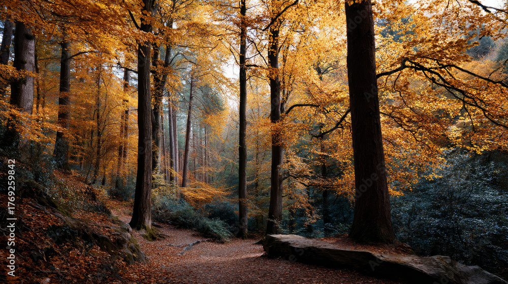 Fototapeta premium Beautiful forest background for screensaver. with sunbeams. Calm close-up of fairytale forest and nature landscape, panorama. Summer vacation, holiday, amazing nature. autumn