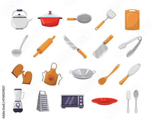 Kitchen icon set, cooking supplies icon collection, flat design vector illustration, a collection of kitchen cooking tool icons for culinary design projects