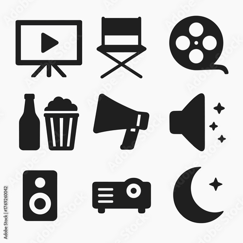 Outdoor Cinema Icons. Cinema under the stars. Vector icon set of Cinema under the stars: outdoor movie screen, projector, blanket, popcorn, audience, lantern. Vector icon.